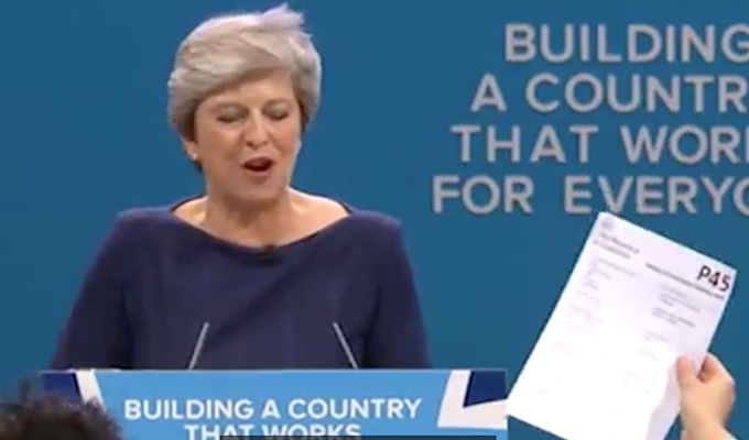 Simon Brodkin gives Theresa May her P45 | Comic interrupts Tory conference