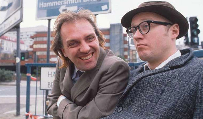 Rik and Ade on park bench in Bottom opening credits