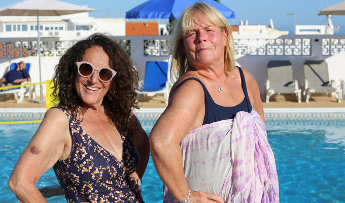 Linda Robson and lesley Joseph by the pool on Celebrity Coach Trip