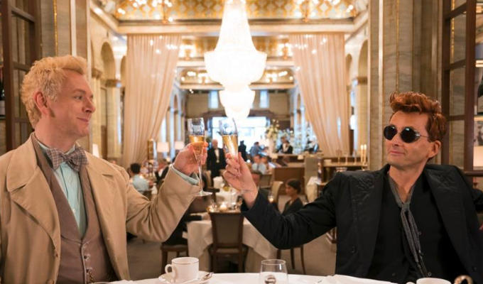 Tennant and Sheen raise a toast in the first series of Good Omens