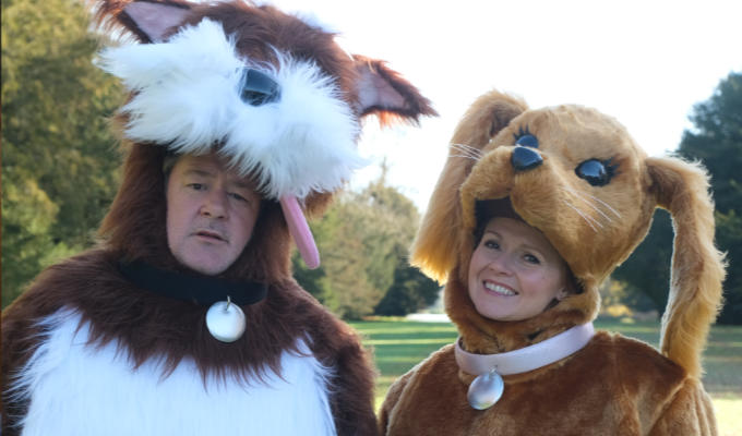 Johnny and Sian dressed as giant dogs